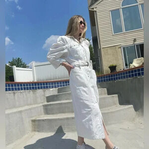 Vintage Karen Alexander white edgy belted studded maxi jean jacket coat dress